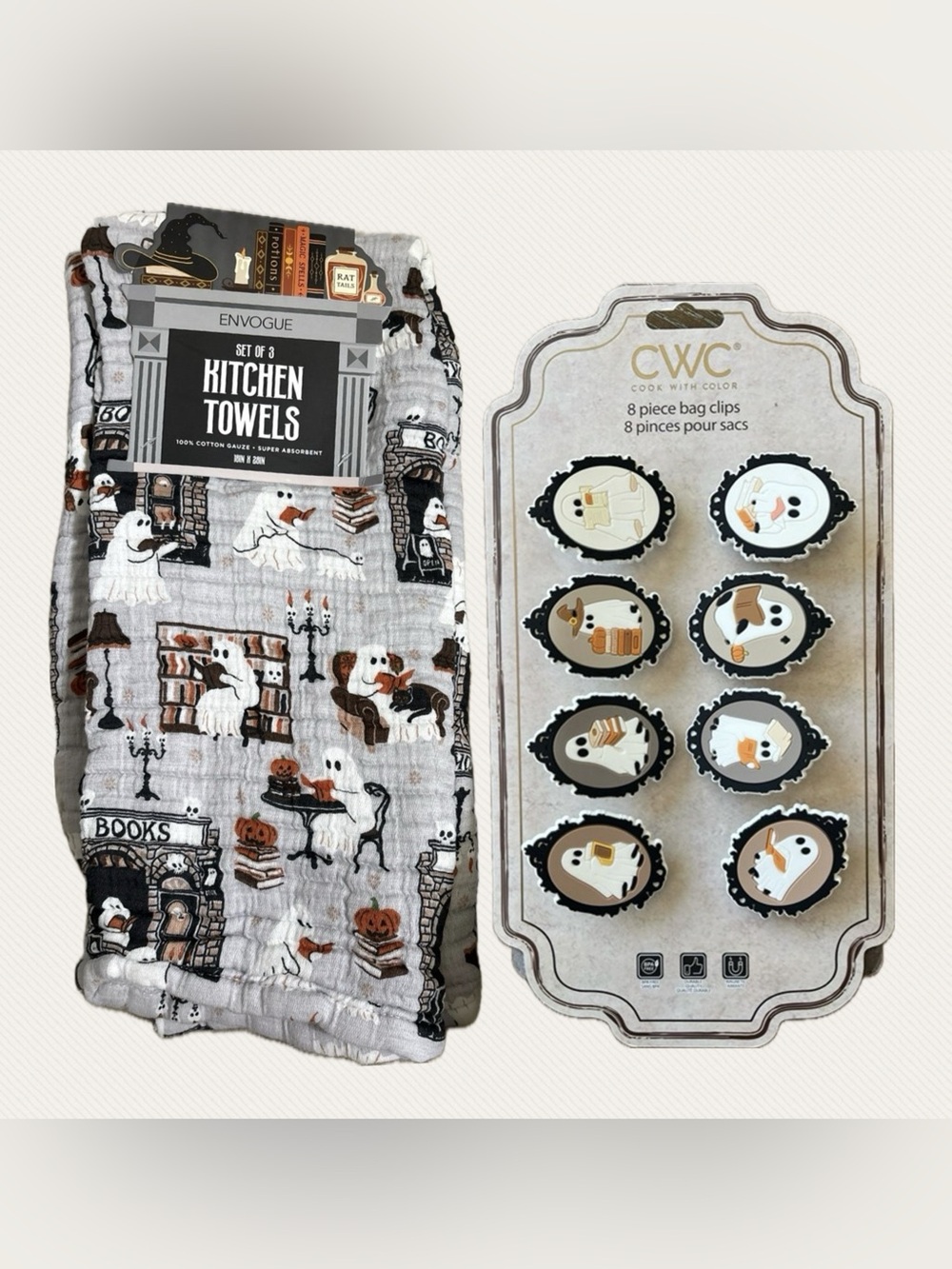 Brand new Envougue Ghost Reading Kitchen Towels and CWC Ghosts Reading Bag Clip